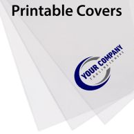 Three overlapping sheets of Eco Transparent Printable Covers are displayed with a sample printed logo, showcasing their clarity and compatibility with custom printing.