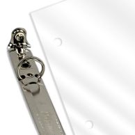 A 3-Hole Punched Clear Gloss Report Covers lies next to an open metal ring binder, showing the evenly spaced punched holes and high-shine transparency of the cover material.