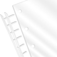 Velo Bind Pre-Punched Clear Gloss Report Covers are displayed with evenly spaced round holes along the binding edge next to a matching clear Velo binding strip.