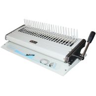 An Akiles CBM650 Plastic Comb Opener with a durable metal construction, a black handle on the right side for manual comb opening, and a row of plastic comb teeth aligned in the opening mechanism for easy document binding.