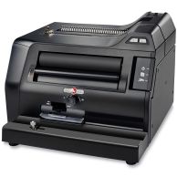 A Rhin-O-Tuff Coil Binding System 3000 with a black, compact design, featuring an integrated electric coil inserter, a punching mechanism with a horizontal punching throat, and control buttons for efficient coil binding operations.