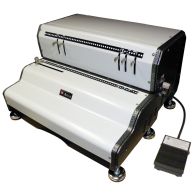 The Akiles CoilMac ECP 41 Electric Spiral Binding Punch Machine features a durable metal construction with a high-capacity punching mechanism, disengageable punch pins, and a foot pedal for hands-free operation, designed for efficient coil binding product