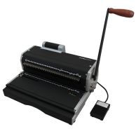 A black Akiles CoilMac ER Series Spiral Binding Machine with a wooden-handled manual punch lever, an integrated electric coil inserter, and a foot pedal for hands-free operation.