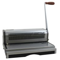 A heavy-duty Akiles CoilMac M Plus Manual Spiral Binding Machine with a full-length punching mechanism, a sturdy metal construction, a wooden handle for manual operation, and a wide punching throat designed for high-capacity spiral binding tasks.