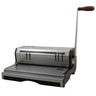 The Akiles CoilMac M Standard Manual Spiral Binding Machine features a sturdy metal construction with a wooden handle for manual punching, disengageable pins for customized hole patterns, and an extended base for added stability during spiral binding.