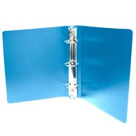 Colonial blue half size poly binder opened to showcase a smooth interior and a three-ring mechanism, designed for organizing smaller documents efficiently, highlighting its sturdy construction as part of a case of 100.