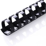 1" Black Plastic Binding Combs shown in a close-up view with a glossy finish, featuring a rounded spine and evenly spaced rectangular loops for binding larger document sets.