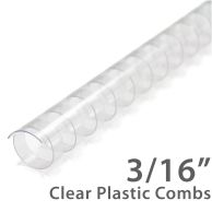 3/16" Clear Plastic Binding Combs shown in a close-up view with a transparent spine and evenly spaced rectangular loops designed for securing small, punched document sets.