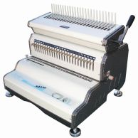 The Akiles CombMac-24E Electric Plastic Comb Punch & Binding Machine features a heavy-duty dual-function design with an electric punch mechanism, a manual binding lever, and fully disengageable dies for precision punching across various paper sizes.
