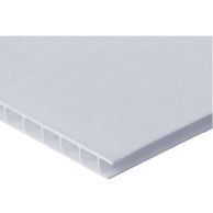 Close-up view of a White Corrugated Plastic Pouch Board with Thermal Laminate, showing the hollow fluted structure and the smooth laminated surface on top.