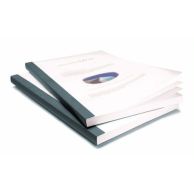 Two bound document sets with translucent front covers and graphite-colored linen spines are stacked diagonally, showcasing the sleek design of Coverbind Graphite Clear Linen Thermal Binding Covers.