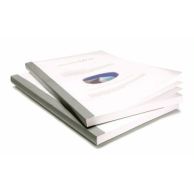 Two documents are bound using Coverbind Gray Clear Linen Thermal Binding Covers, featuring translucent fronts and smooth gray spines for a clean, professional presentation.