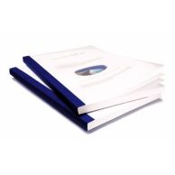 Two documents are bound with Coverbind Navy Blue Clear Linen Thermal Binding Covers, featuring a transparent front cover, white backing pages, and textured navy blue spines for a clean, professional appearance.