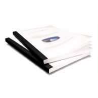 Two documents are bound using Coverbind Black Clear Linen Thermal Binding Covers, each featuring a clear front to display the title page and a textured black linen spine and back cover.