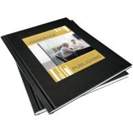 A stack of Coverbind Navy Hardcover On-Demand Thermal Binding Covers is shown with a centered window displaying a customized cover page featuring a business meeting and bold text.