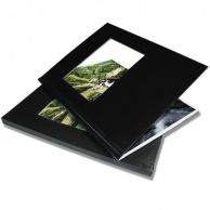 Coverbind Black Hardcover with Window Thermal Binding Covers are displayed, showing a sleek black finish with a centered window to showcase a customized insert.