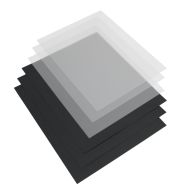 Coverbind Advantage Linen Clear Front & Colored Back 2-Piece Cover Sets are shown stacked, featuring transparent front covers and black linen-textured back covers.