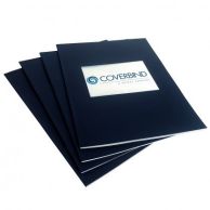 Four neatly stacked navy booklets each feature a centered cut-out window on the front, showcasing the design of Coverbind Linen with Window Thermal Binding Covers.