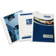 Three professionally bound presentations with full-color printed front covers and white spines showcase the customization capability of Coverbind Print On-Demand Covers.