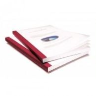 Two documents bound with Coverbind Red Clear Linen Thermal Binding Covers are stacked slightly offset, showing deep red linen-textured spines and transparent fronts displaying printed title pages.