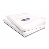 Two documents are bound with Coverbind White Clear Linen Thermal Binding Covers, featuring transparent fronts and textured white linen spines and backs for a clean, professional finish.