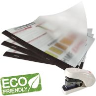 Eco-Friendly Staple Report Covers with FREE Stapler shown with translucent front covers, black linen spines, and an included white stapler, alongside an eco-friendly label.