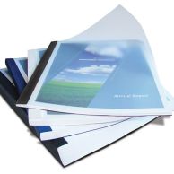 A stack of professionally bound documents features clear front covers and linen-textured back covers in various thicknesses, representing Assorted Sizes Coverbind Clear Linen Thermal Binding Covers.