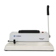 The MINICOIL Manual Coil Punch with Electric Inserter - Round Hole is a compact and durable binding machine featuring a manual punching handle, an integrated electric coil inserter, and a 4:1 pitch round hole pattern for efficient spiral coil binding.