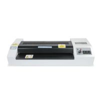 Front-facing view of the Coverbind Quick-Lam DH330 Dual Heat 13" Pouch Laminator showing its wide lamination slot, labeled control switches, and compact, rectangular design.