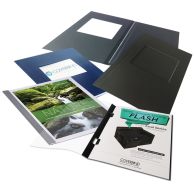 A variety of binding covers, including hardcovers with windows, printable soft covers, and side-staple options, are displayed as part of a Coverbind Cover Start-Up Kit.
