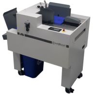 James Burn CoverPunch Automatic Punch for Covers shown with a compact, wheeled design featuring a top-loading paper feed, touchscreen controls, and output trays for efficient punching of preprinted covers.