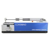 Front view of the Coverbind CPB1 Table-Top Perfect Binding Machine showing its compact design, user control panel, emergency stop button, and adjustable book thickness control dial.