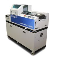 Coverbind CPB2SG Perfect Binding Machine shown with a sleek, compact design featuring a control panel, emergency stop button, and enclosed binding area for efficient thermal binding production.