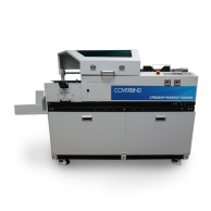 Coverbind CPB2SGP Open Tank PUR Perfect Binder with Side Gluing displayed from the side, showing its adjustable book thickness control, digital temperature readouts, and integrated glue application system.