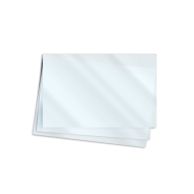 A stack of overlapping clear 2-15/16" x 4-1/8" Jumbo Size Laminating Pouches with a glossy finish and sealed edge on one side.