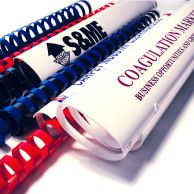 Custom Plastic Binding Combs in black, blue, red, and white are used to secure printed presentation booklets, featuring personalized covers with company logos and titles.