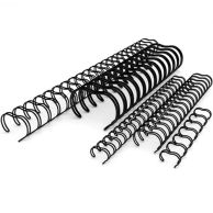 A variety of black Custom Cut Twin-Loop Wire-O Binding Supplies in multiple sizes are neatly arranged in rows, showcasing their distinct double-looped metal design.