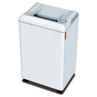 The MBM Destroyit 2503 Strip Cut P-2 Office Paper Shredder is shown with a compact, light gray cabinet design, top-loading paper entry, and mounted casters for mobility.