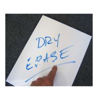 A hand points to blue marker writing on a glossy white Dry Erase Write-On / Wipe-Off Pouch Board.