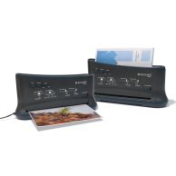 Two Coverbind Duo Thermal Binder and Pouch Laminator machines, one in thermal binding mode securing a document with a blue cover and the other in pouch laminating mode, sealing a photograph with a glossy protective film.