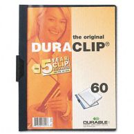Durable Clear/Navy Blue DuraClip Report Cover featuring a transparent front cover displaying a document with a black spine and side clip designed to securely hold up to 60 sheets.