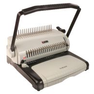 The Akiles EcoBind-C Manual Plastic Comb Punch & Binding Machine features a sturdy design with a black and white color scheme, a durable punching handle for manual operation, and a built-in comb opener for efficient document binding.