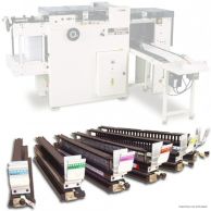 A row of interchangeable Punching Dies for James Burn EX380 Punching Machine is displayed in front of a faded view of the EX380 unit, showcasing various punching patterns available for customization.