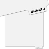 A diagram showing the front and back of EXHIBIT J uncollated Avery style bottom letter tabs, with the front displaying "EXHIBIT J" and the back illustrating the position of the tabs along the bottom edge.