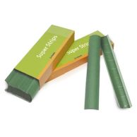 Green 11" Medium Powis Parker Fastback Super Strips displayed with a partially opened box and two binding strips showing both the textured exterior and adhesive interior.