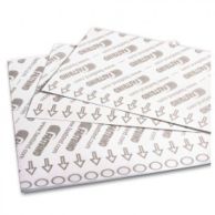 Three Fastbind FotoMount End Sheets are layered with the adhesive backing facing up, showing directional arrows and branding across the surface.