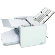 Formax FD 300 Desktop Automatic Paper Folder shown actively processing and stacking sheets, with a tilted feed tray, compact design, and simple control interface.