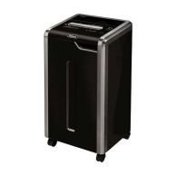 Black Fellowes Powershred 325i Strip-Cut Department Paper Shredder on casters with a front-facing paper slot and large pull-out waste bin.