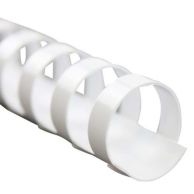 Close-up view of Fellowes White Plastic Binding Combs showing the curved, flexible spines with evenly spaced rectangular loops designed for securing punched documents.