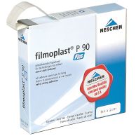 A box of Filmoplast P-90 Plus document repair tape showing the self-adhesive paper tape dispenser with product details, including extra strong adhesion and acid-free properties.